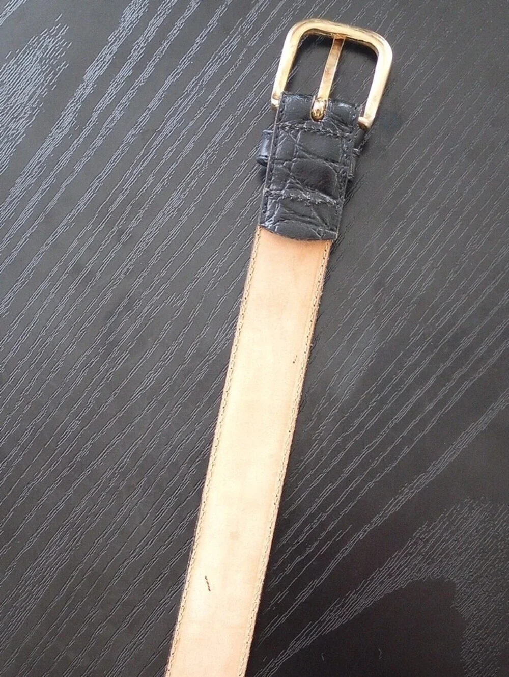 Black Genuine Leather Belt with Golden Buckle Croc-embossed Italy Made